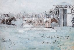 George Finch Mason (British, 1850-1915) THE FINISH FOR THE DERBY 1898, JEDDAH WINS ! signed, titled,