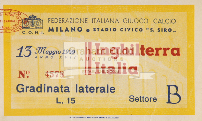 Ticket for the Italy v England international match in Milan 13th May 1939,