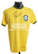 Pele signed yellow Brazil International retro jersey, signed in black marker pen, short-sleeved,