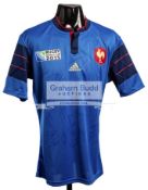 A squad signed Rugby World Cup 2015 France jersey, 31 signatures in blue marker pen, short-sleeved,