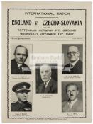 Match programme for a 1937 international between England and Czechoslovakia Played at White Hart