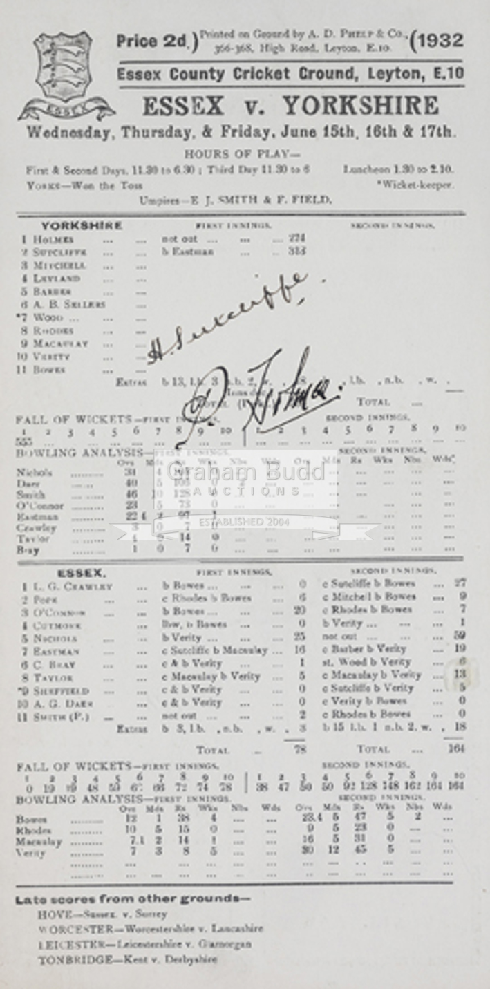 A Holmes and Sutcliffe double-signed scorecard for their famous opening stand for Yorkshire v Essex