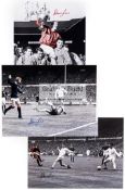 Three Denis Law autographed photographs, each 16 by 12in.