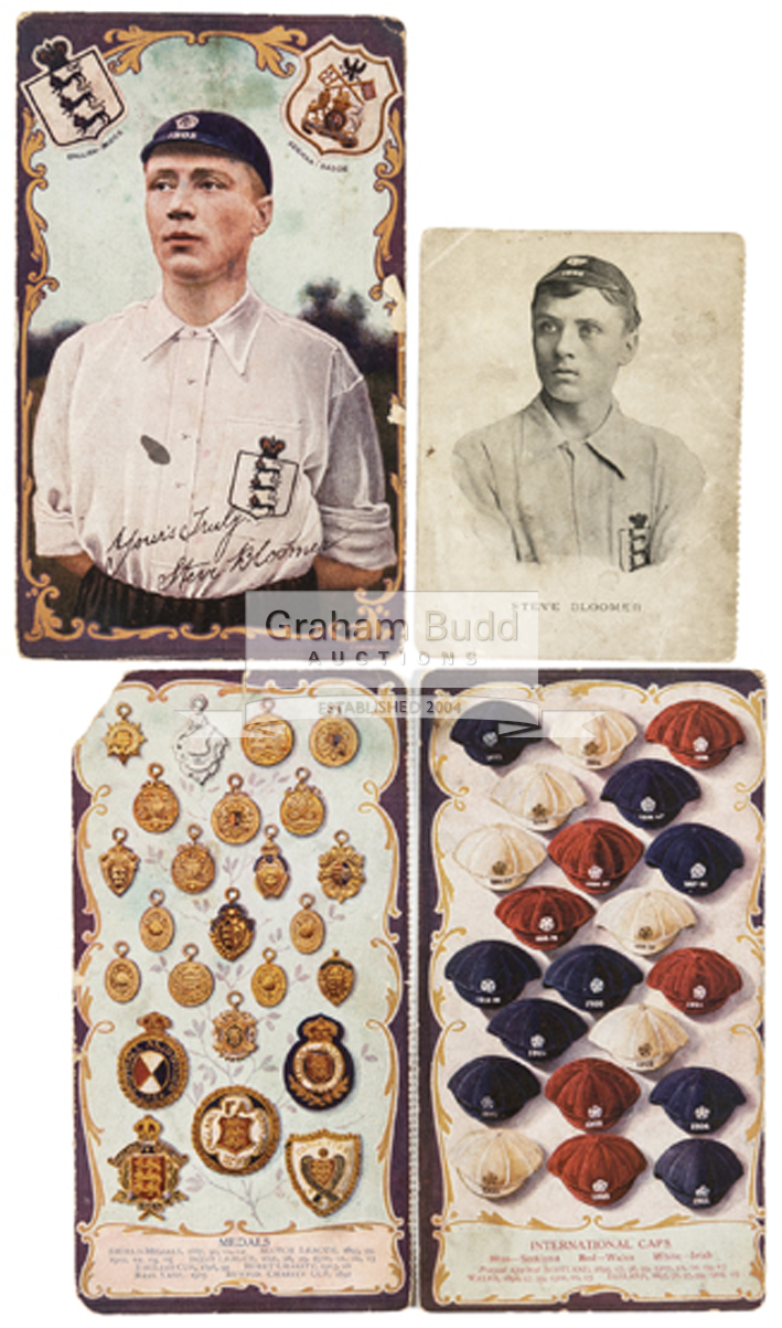A trio of colour postcards featuring England international Steve Bloomer and his caps and medals