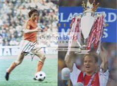 Two signed colour photographs of Dutch footballers Johan Cruyff and Dennis Bergkamp,