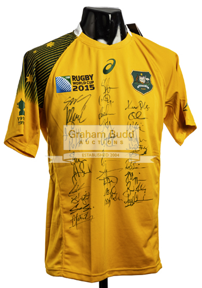 A squad signed Rugby World Cup 2015 Australia jersey, 31 signatures in black marker pen,