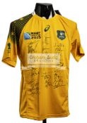 A squad signed Rugby World Cup 2015 Australia jersey, 31 signatures in black marker pen,