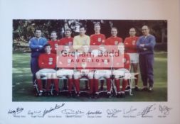 England 1966 World Cup winners team photo with Jules Rimet trophy signed by nine players to lower