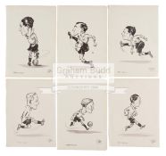 Six Peter Hobbs caricatures of 1920s Tottenham Hotspur footballers, each drawn in pen,