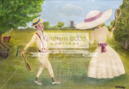 A late Victorian/Edwardian style mixed doubles lawn tennis match oil painting,