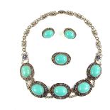 Turquoise and enamel necklace, earrings and brooch, possibly Chinese.