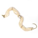 18 ct yellow gold three strand pearl choker necklace.