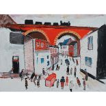 Yates, Fred 1922-2008 British AR, The Viaduct, Redruth, with a passing Train and Figures below.