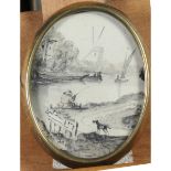 Miniature painting of a Man Fishing watched by a Dog.