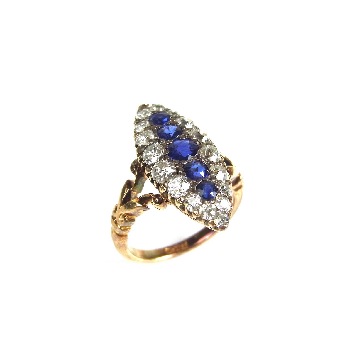 18 ct yellow gold sapphire and diamond marquise ring.