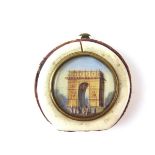 A French ivory and miniature painted patch case or clasp purse, 19th century.