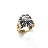 9 ct yellow gold sapphire and diamond cluster ring.