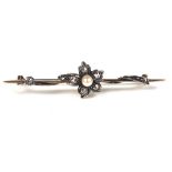 Diamond and pearl floral bar brooch.