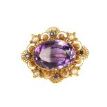 Yellow gold amethyst, sapphire and pearl brooch.