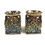 A rare pair of Victorian Doulton Lambeth stoneware salts, circa 1877.