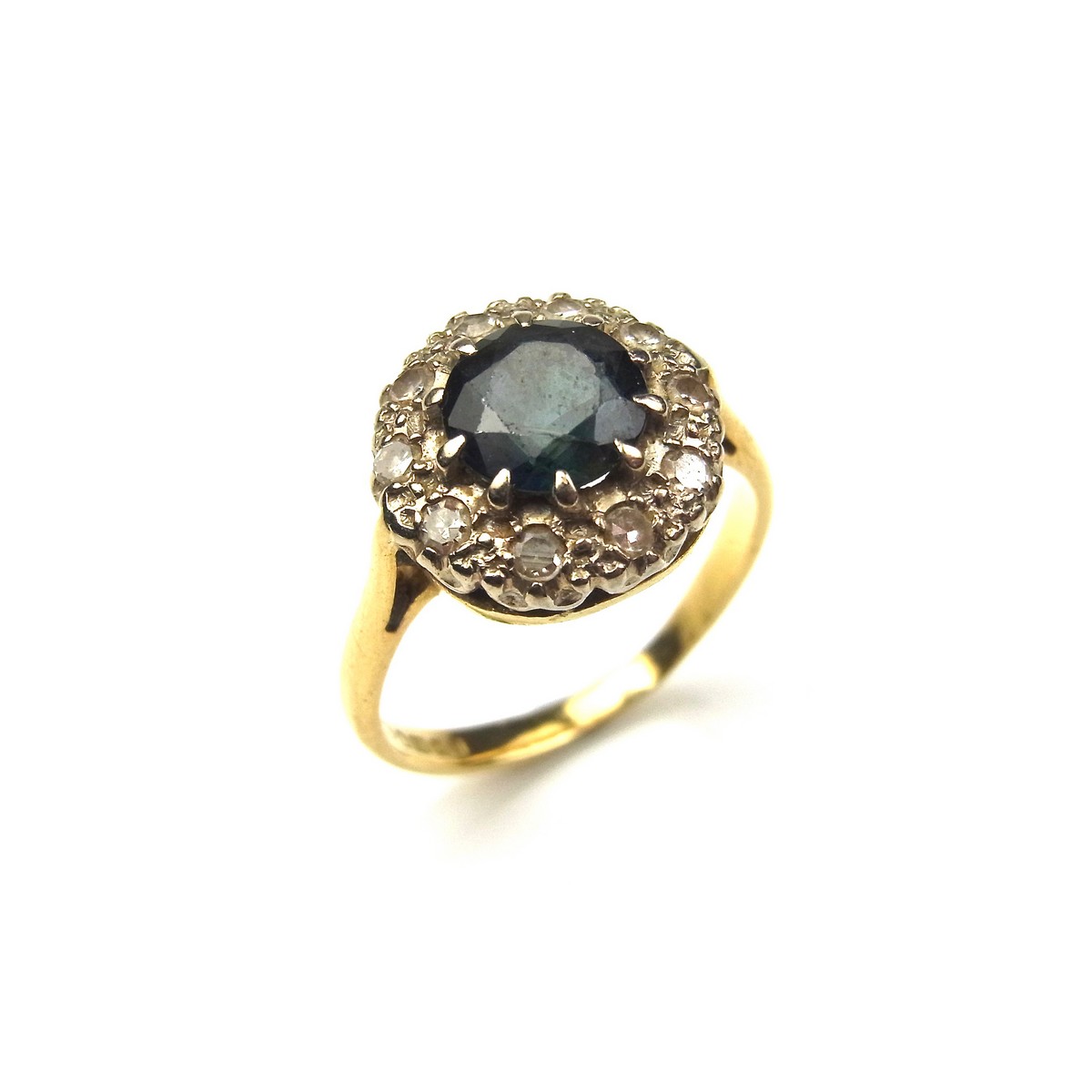 18 ct yellow gold sapphire and diamond cluster ring.