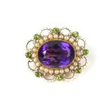 15 ct yellow gold amethyst, pearl and peridot enamelled brooch.