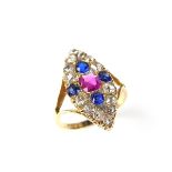 18 ct yellow gold diamond, sapphire and ruby marquise ring.