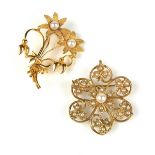 Two 9 ct yellow gold pearl set floral brooches.