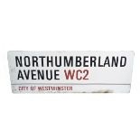 A City of Westminster Northumberland Avenue WC2 enamelled metal street sign.