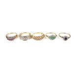 Five 9 ct yellow gold gem-set rings.