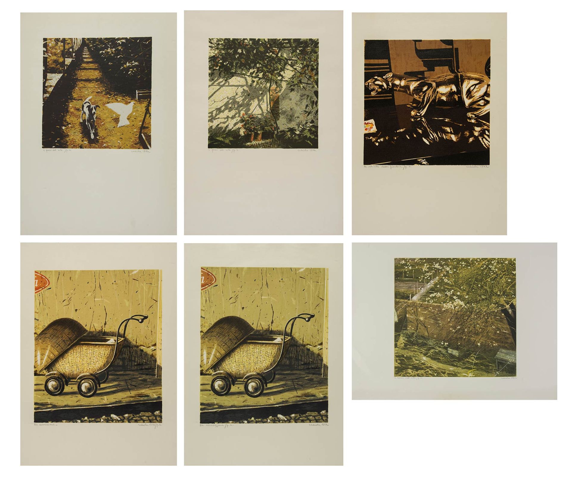 Antonio Saliola (Bologna, 1939), Lotto di sei litografie a colori su carta.