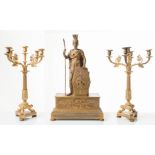 Trittico in bronzo dorato composto da orologio e due candelabri, Francia, XIX sec.