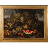 Maestro Romano del XVII sec., “Natura morta con uva, zucche, anguria e mele”.