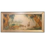 Grande pannello dipinto “Paesaggio esotico con antilopi”, Francia, 1930.