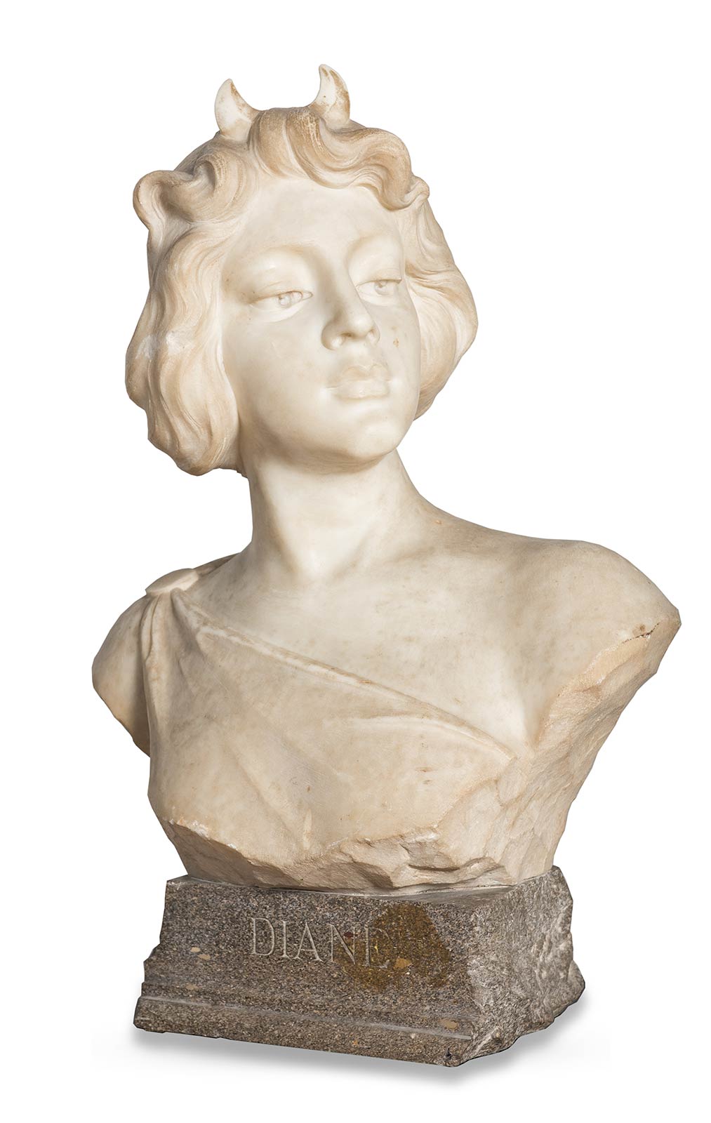 Busto in marmo bianco scolpito, “Diana”, Art Nouveau, fine XIX – inizio XX sec.