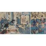 THREE JAPANESE WOODBLOCK PRINTS depicting scroll painters and ladies seated before a screen, 36cm