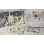 •NANCY JANE BURTON RSW (SCOTTISH 1891-1972) FARMYARD GOAT IN SUNSHINE; WINTER LANDSCAPE; HORSES