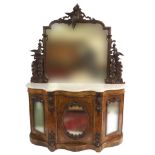 A VICTORIAN WALNUT SERPENTINE INLAID CREDENZA the mirror back frame set with carved and pierced