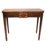 A 19TH CENTURY MAHOGANY D-SHAPED FOLD-OVER TEA TABLE with satinwood rectangular tablet surrounded by
