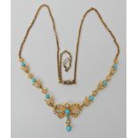 A BRIGHT YELLOW METAL TURQUOISE AND PEARL PENDANT NECKLACE with bow motif to the front, dimensions