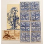 EIGHT MINTON TILES blue and white transfer printed with kingfishers, herons and flowers, moulded