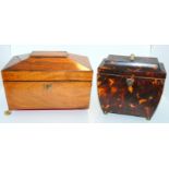 A GEORGE III TORTOISESHELL TWO DIVISION TEA CADDY with hinged lid and brass ball feet with finial,