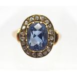 A BRIGHT YELLOW METAL SAPPHIRE AND ROSE CUT DIAMOND RING sapphire approx 9.8mm x 7.2mm x 7.9mm.