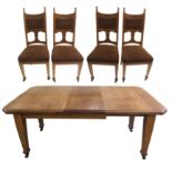 AN OAK ARTS AND CRAFTS EXTENDING DINING TABLE with square tapered legs, 76cm high x 182cm wide x