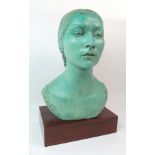 •ERIC SCHILSKY RA RSA (1898-1974) A BRONZE BUST OF A LADY with applied turquoise patination,