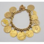 AN 18CT YELLOW GOLD CURB LINK BRACELET hung with two half sovereigns dated 1913, and 1908, a full