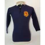 A BLUE SCOTLAND INTERNATIONAL SHIRT No.4, with button-up collar and embroidered cloth badge