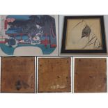 A JAPANESE WATERCOLOUR OF A WATER BIRD amongst reeds, signed, 23cm x 23cm, a woodblock print of a
