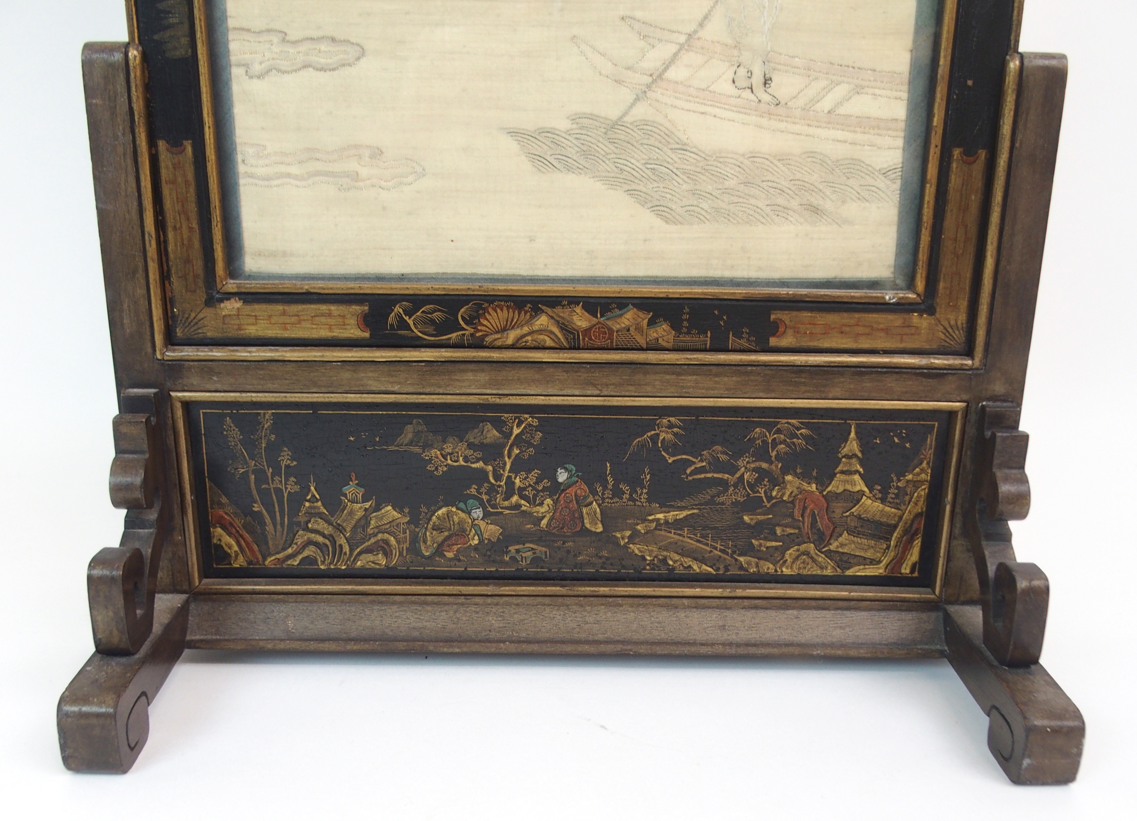 A CHINESE SILK TABLE SCREEN woven with figures on islands and a sampan beneath a jardiniere of - Image 12 of 14