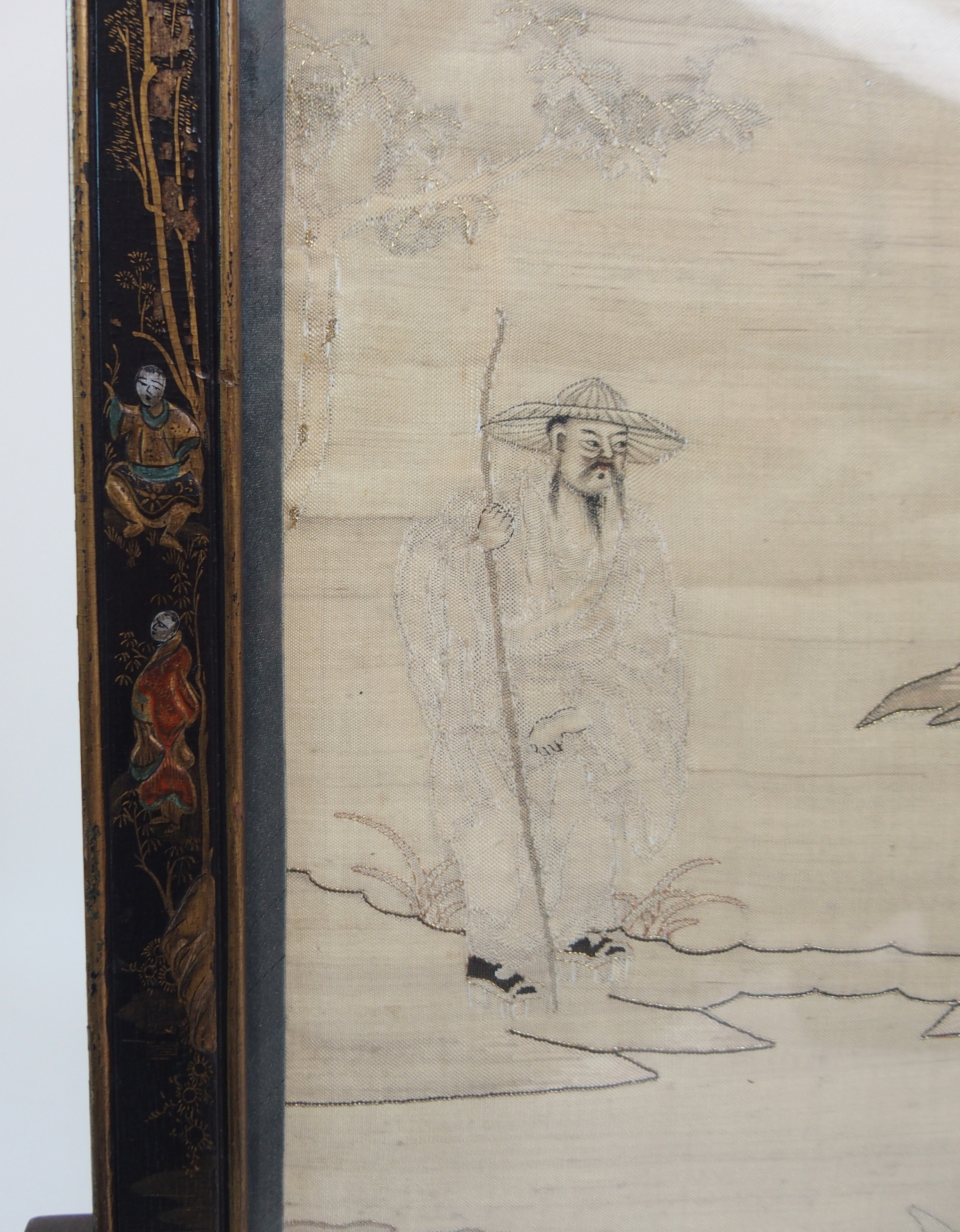 A CHINESE SILK TABLE SCREEN woven with figures on islands and a sampan beneath a jardiniere of - Image 13 of 14